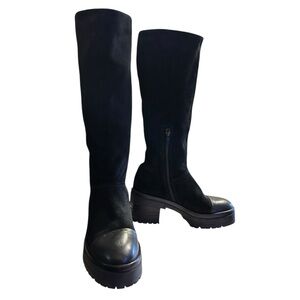 Lili Mill Black Sude Leather Calf Length Boot with Leather Cap Toe Size 6-6.5